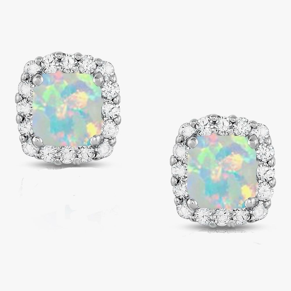 NEW 14K White Gold Plated 10MM Elegant Silver Opal Stud Earrings